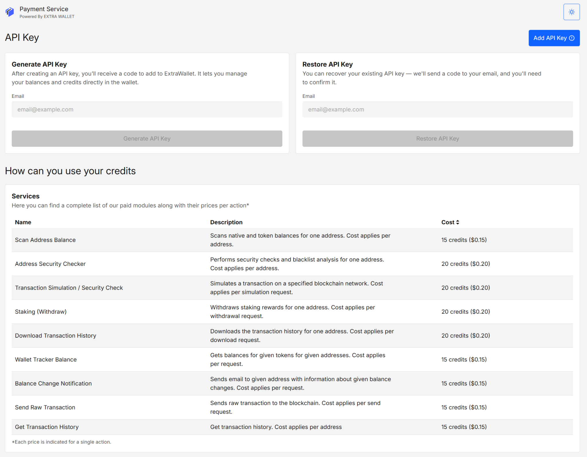 Payment Service – API key page