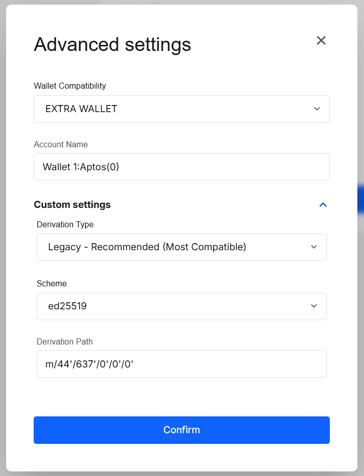 Aptos Advanced settings