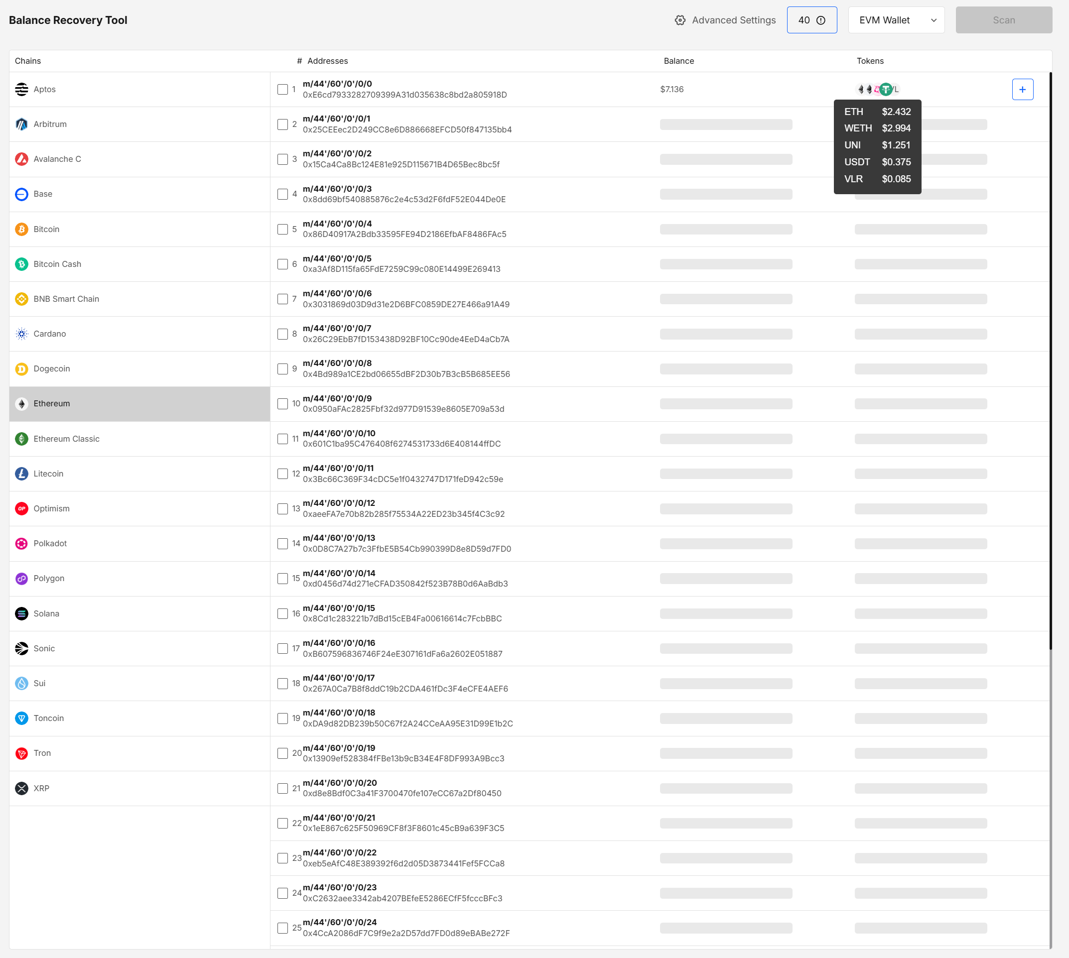 Addresses &amp; balances &amp; tokens per derived address
