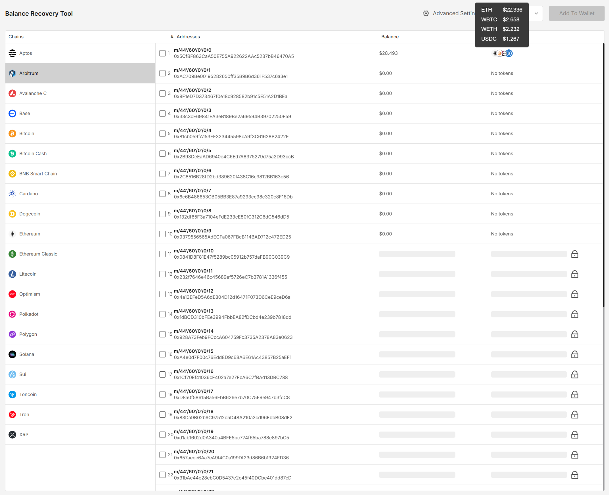 Addresses &amp; balances &amp; tokens per derived address