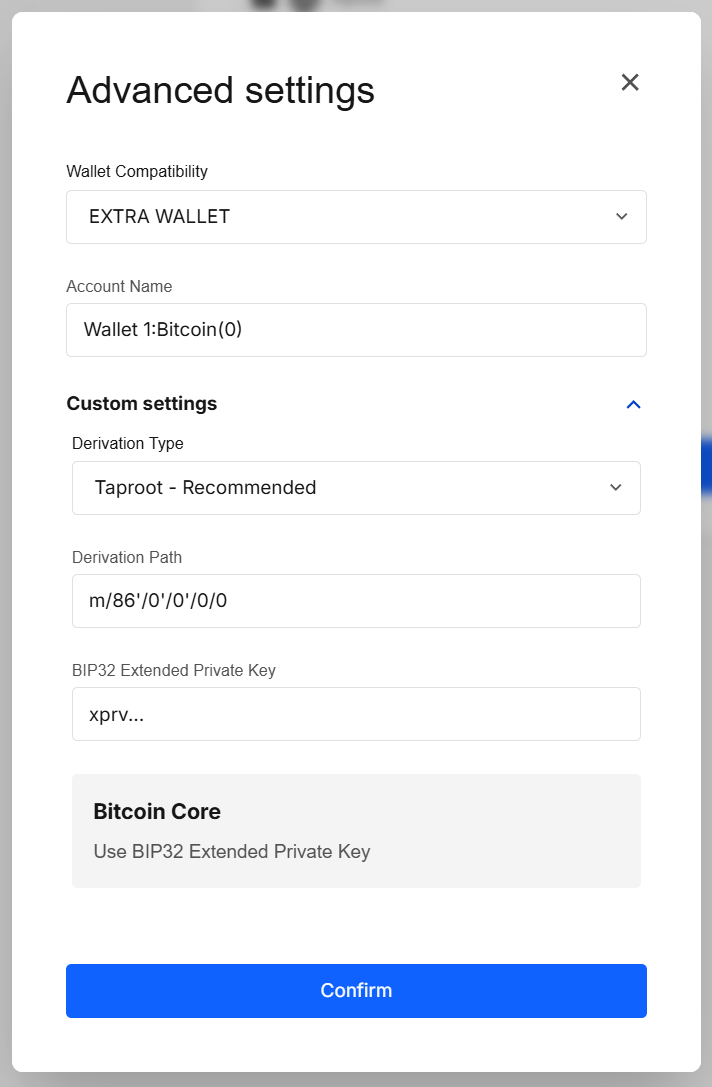 Bitcoin Advanced settings