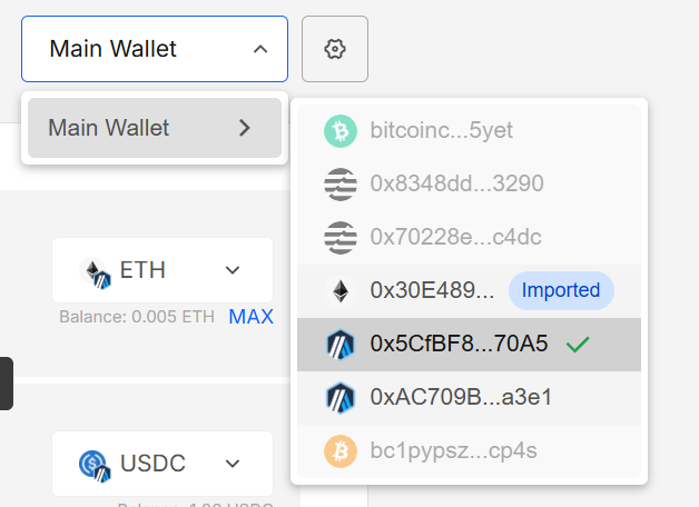 Wallet selector with accounts